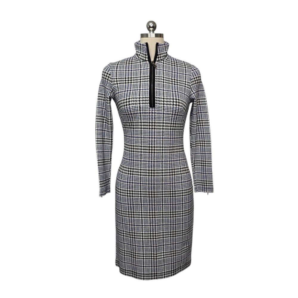J.McLaughlin Bedford Dress XXS Aspen Glenn Houndstooth Zip Mock Neck Navy Cream